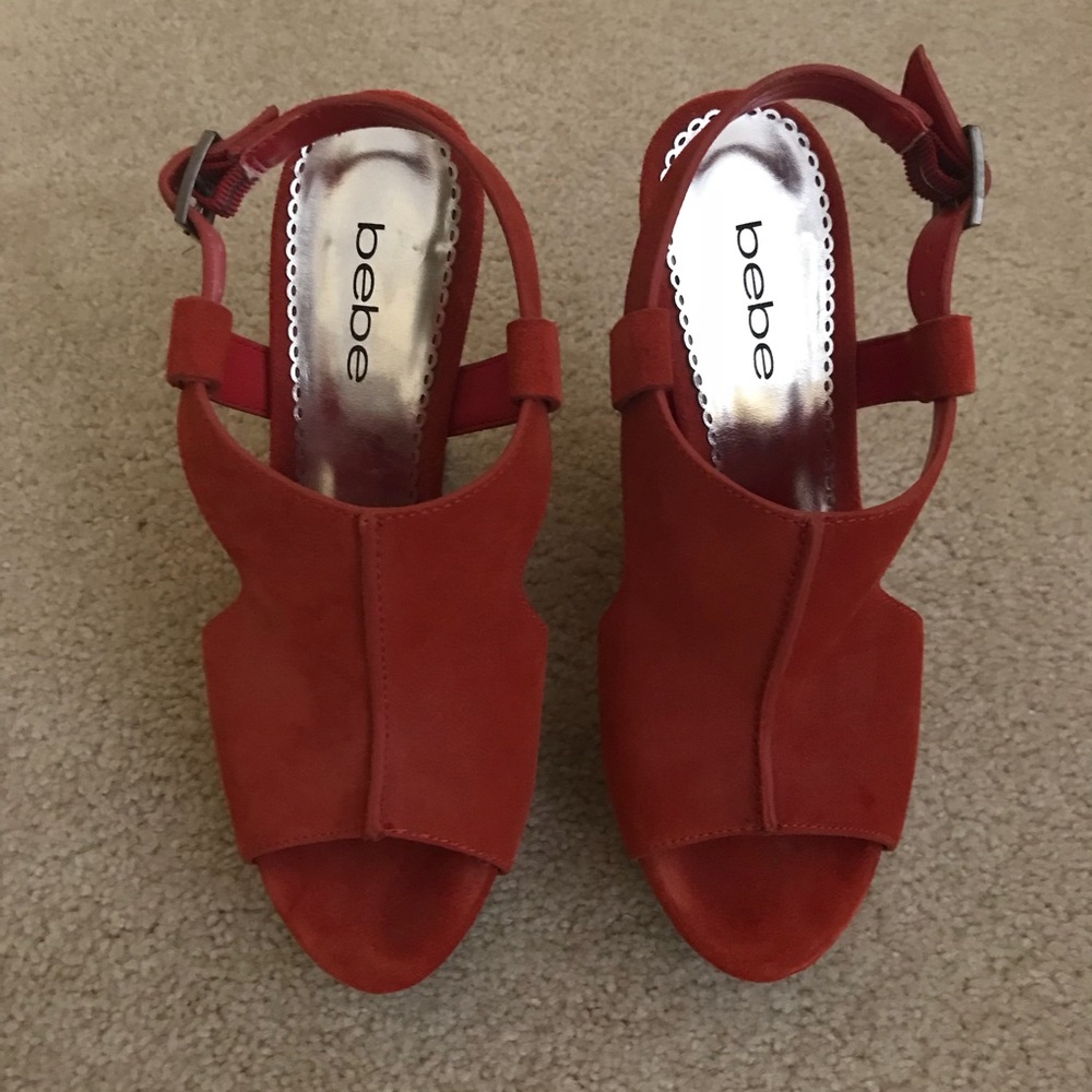 Bebe Burnt Orange Suede Wedge Sandals